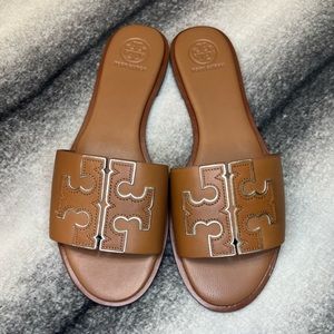 Tory Burch Ines Slide Tan Spark Gold Leather Sandals